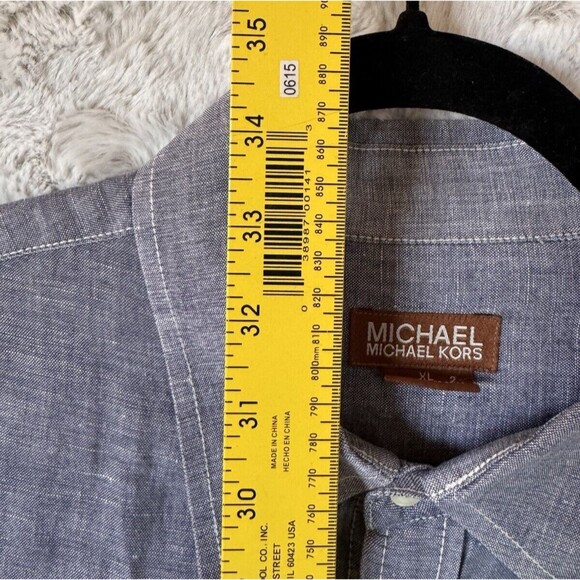 Michael Kors Shirt Men XL Blue Linen Cotton Blend Tailored Classic Fit Casual - Picture 6 of 9